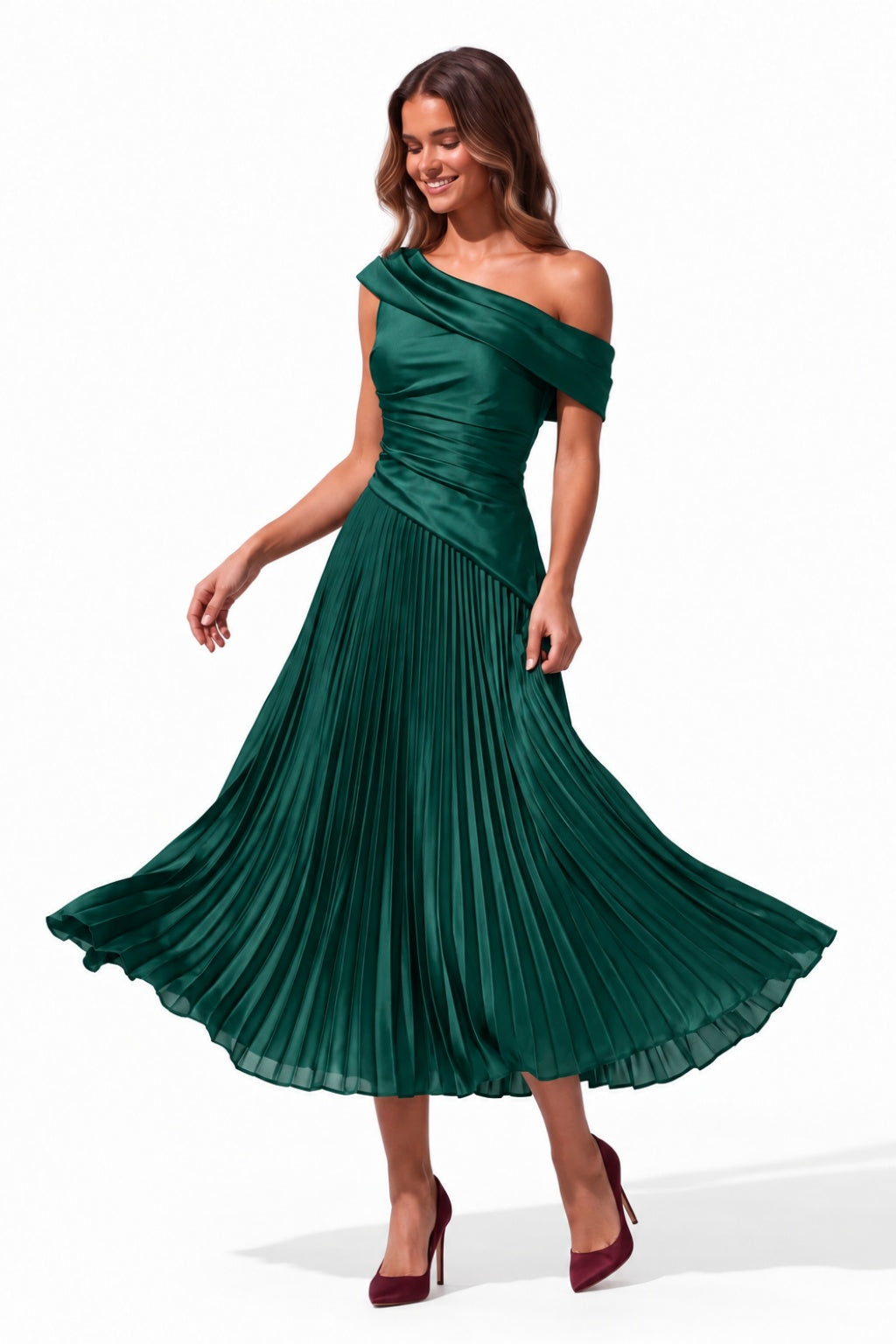 A-Line Tea Length Acetate Satin Chiffon Special Occasion Dress CS1080 - Hunter Green - COCOMELODY