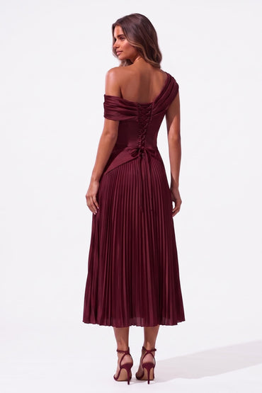 A-Line Tea Length Acetate Satin Chiffon Special Occasion Dress CS1080 - Wine - COCOMELODY