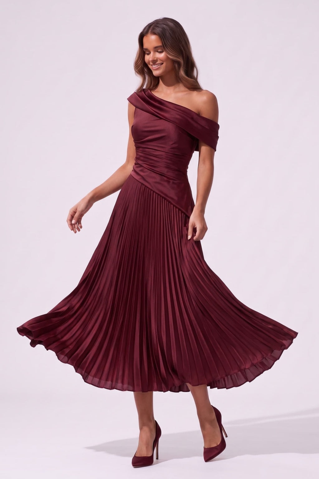 A-Line Tea Length Acetate Satin Chiffon Special Occasion Dress CS1080 - Wine - COCOMELODY