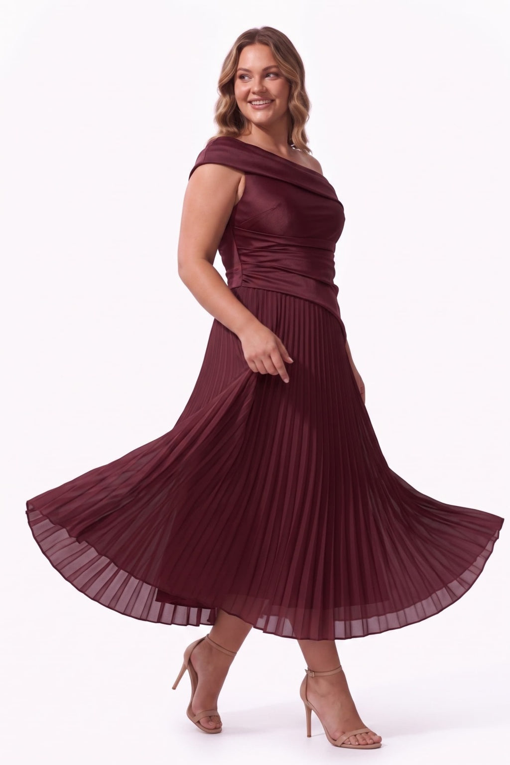 A-Line Tea Length Acetate Satin Chiffon Special Occasion Dress CS1080 - Wine - COCOMELODY