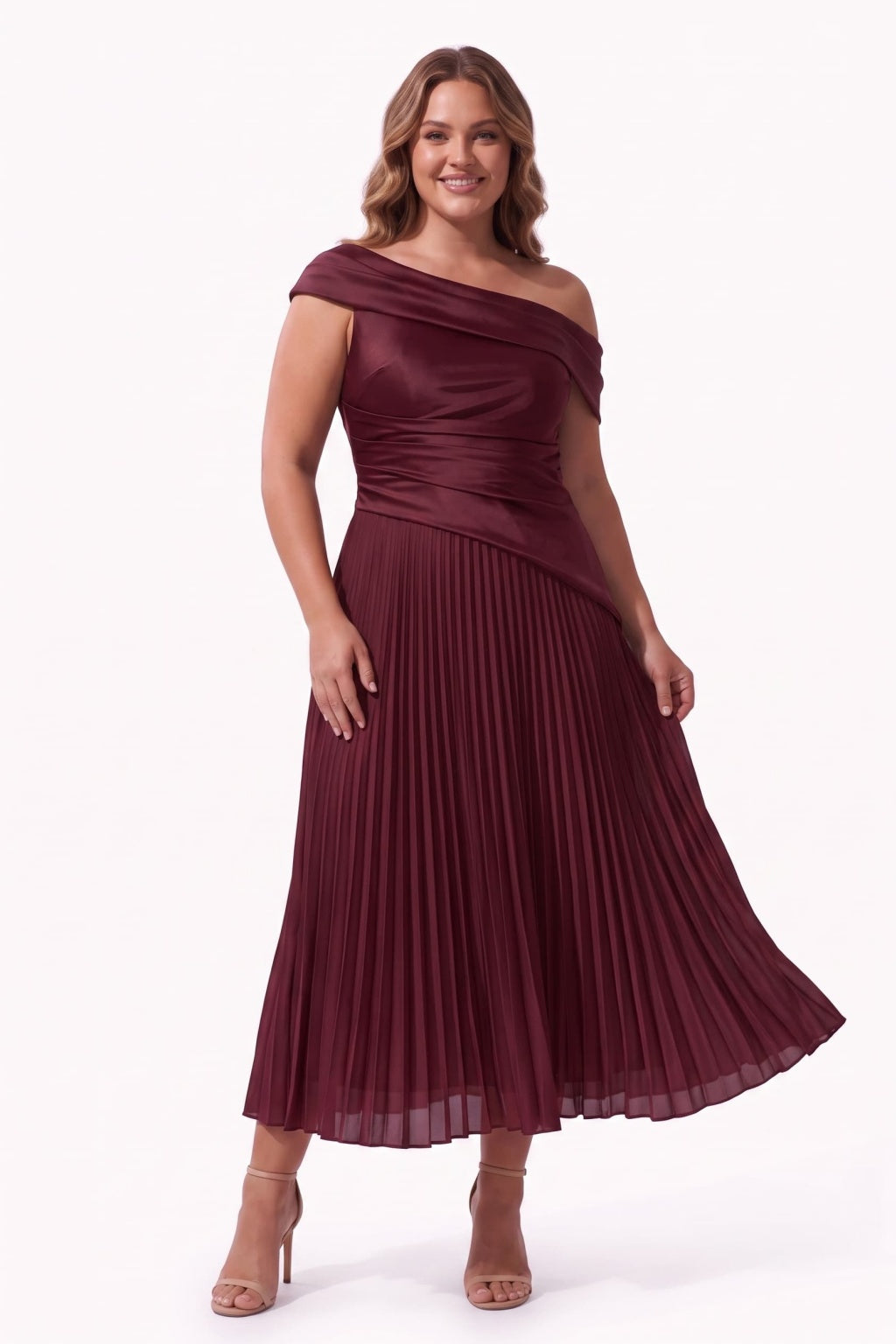 A-Line Tea Length Acetate Satin Chiffon Special Occasion Dress CS1080 - Wine - COCOMELODY