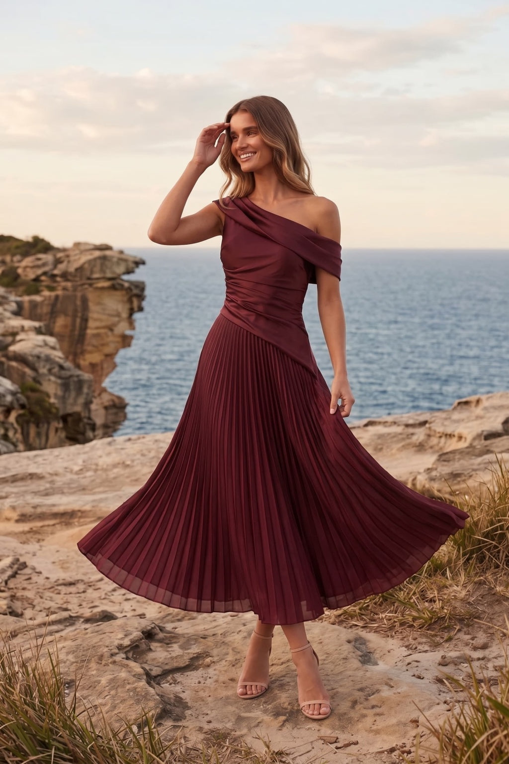 A-Line Tea Length Acetate Satin Chiffon Special Occasion Dress CS1080 - Wine - COCOMELODY