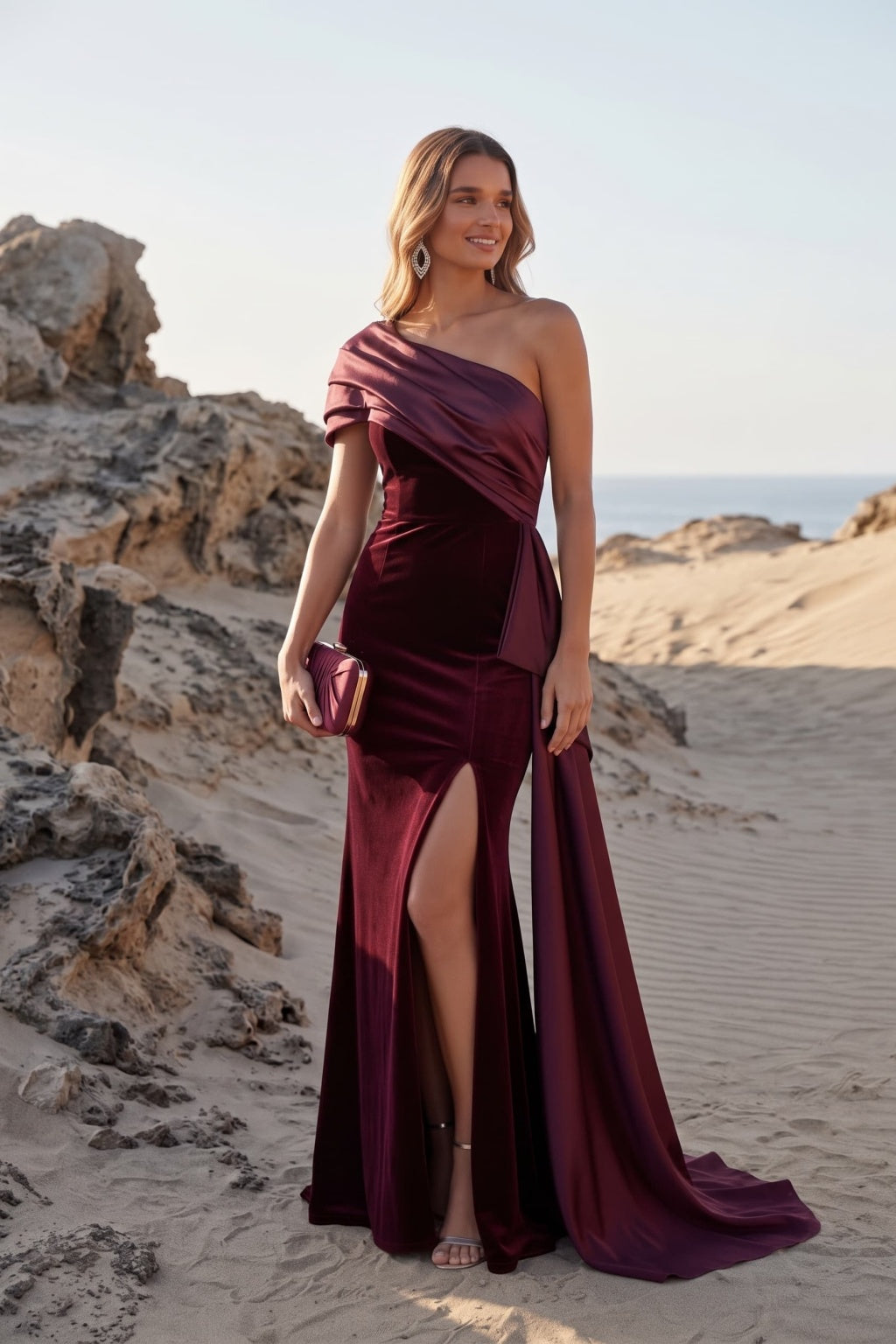 Trumpet-Mermaid Floor Length Satin Velvet Special Occasion Dress CS1081 - Wine - COCOMELODY