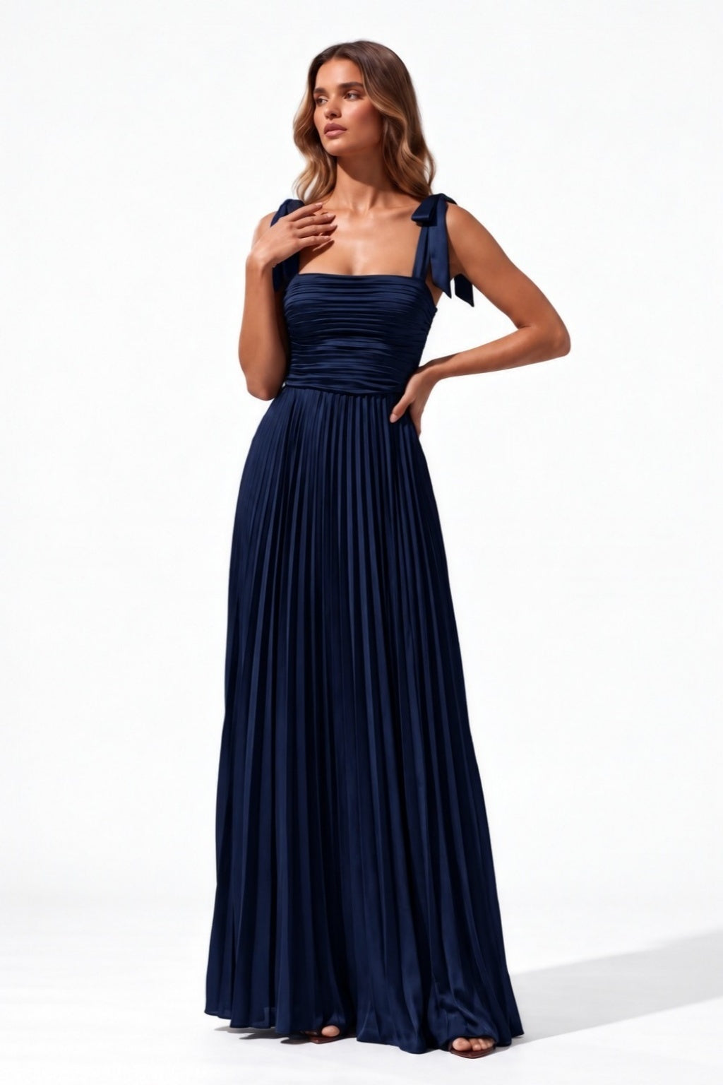 A-Line Floor Length Acetate Satin Chiffon Special Occasion Dress CS1083 - Dark Navy - COCOMELODY