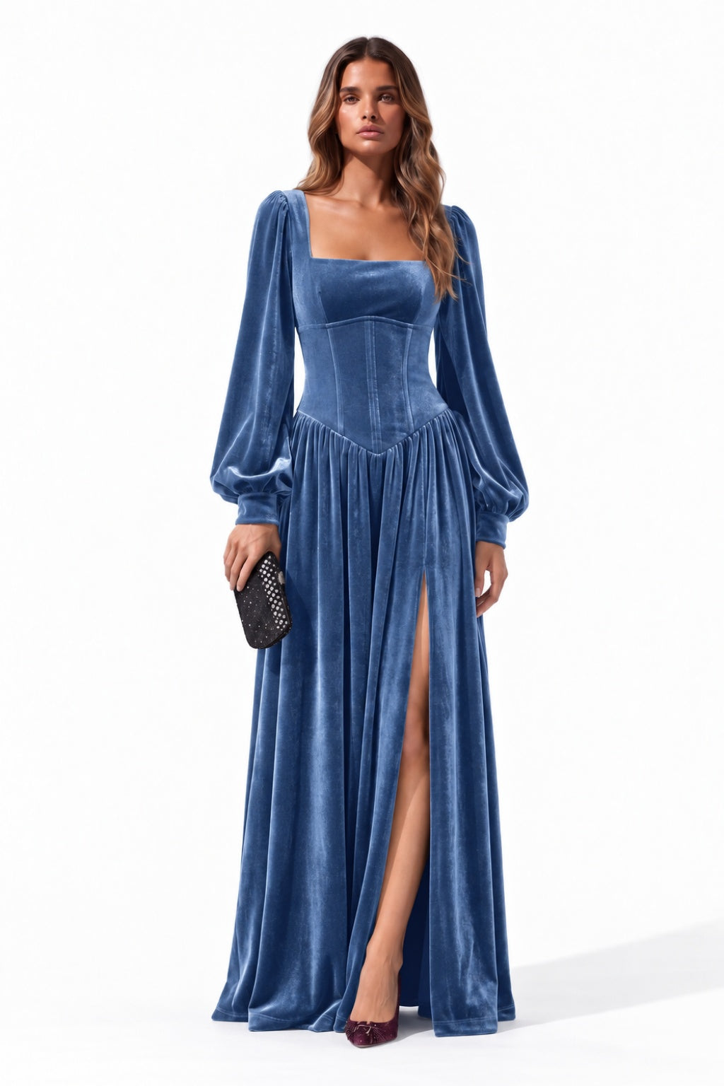 A-Line Floor Length Velvet Special Occasion Dress CS1085 - Ink Blue - COCOMELODY