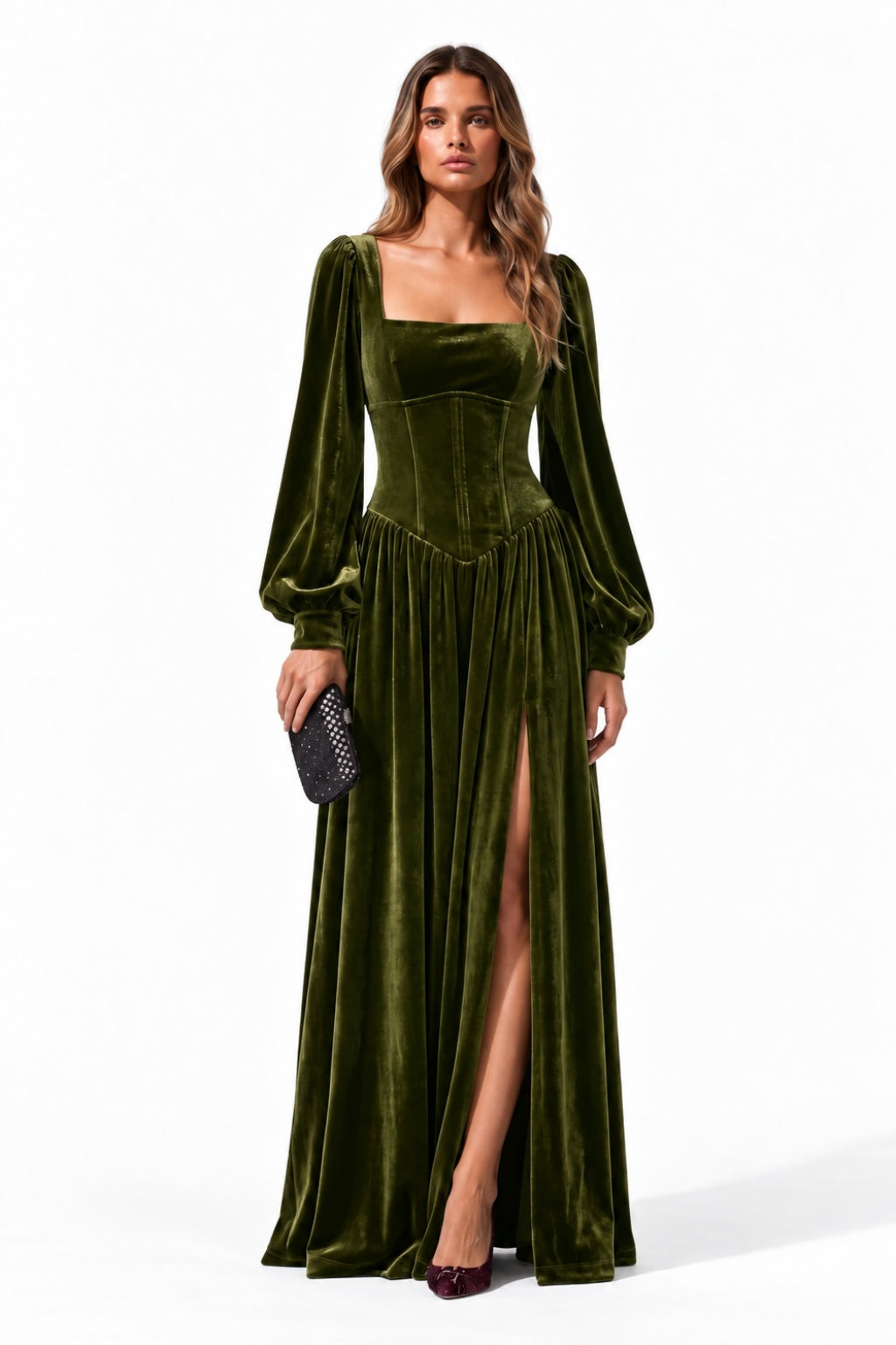 A-Line Floor Length Velvet Special Occasion Dress CS1085 - Olive Green - COCOMELODY