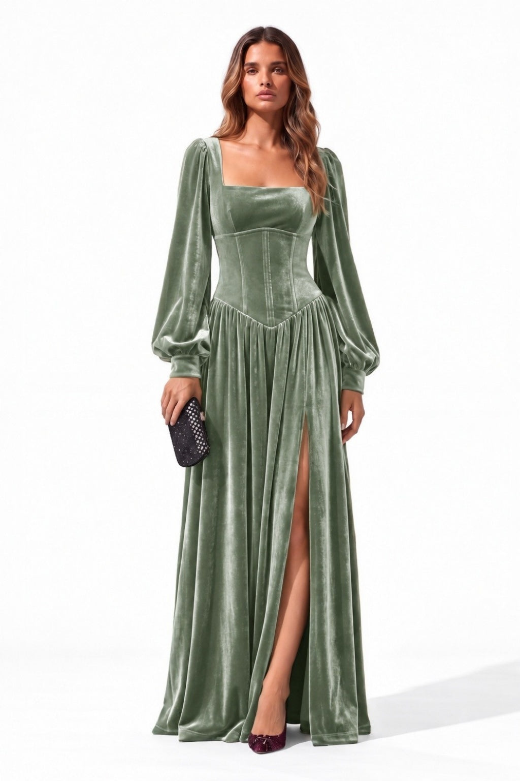 A-Line Floor Length Velvet Special Occasion Dress CS1085 - Sage Green - COCOMELODY
