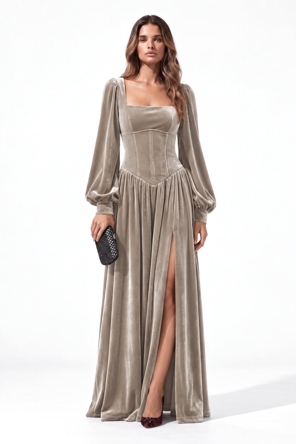 A-Line Floor Length Velvet Special Occasion Dress CS1085 - Taupe - COCOMELODY