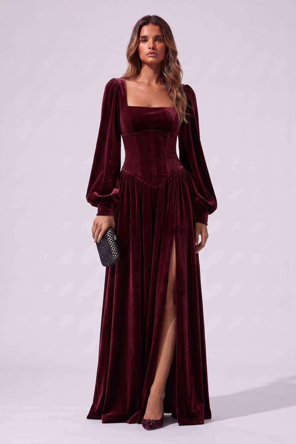 A-Line Floor Length Velvet Special Occasion Dress CS1085 - Wine - COCOMELODY