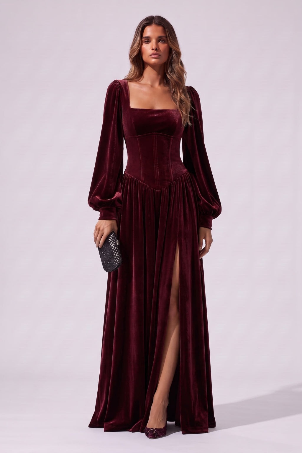 A-Line Floor Length Velvet Special Occasion Dress CS1085 - Wine - COCOMELODY