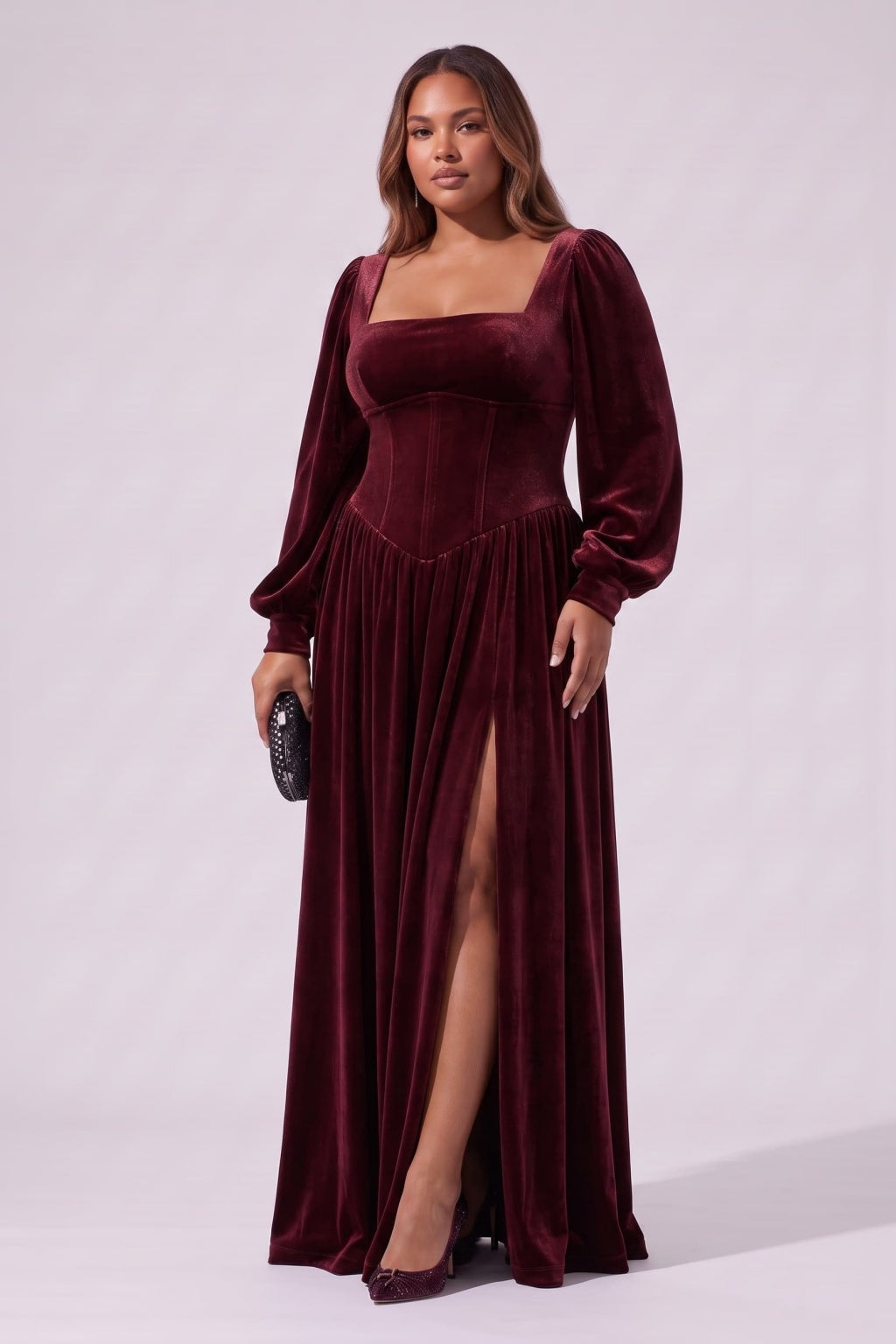 A-Line Floor Length Velvet Special Occasion Dress CS1085 - Wine - COCOMELODY