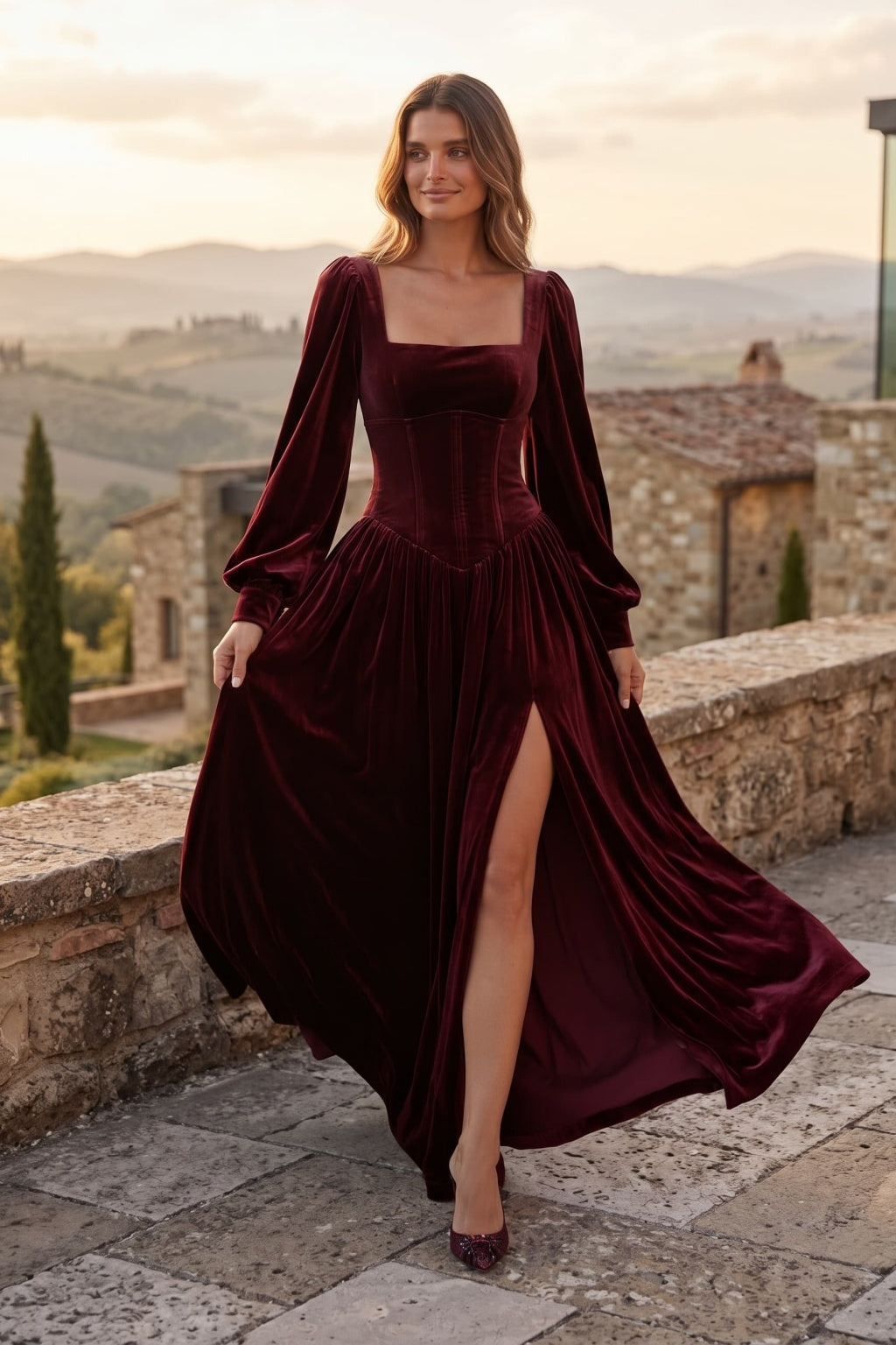 A-Line Floor Length Velvet Special Occasion Dress CS1085 - Wine - COCOMELODY