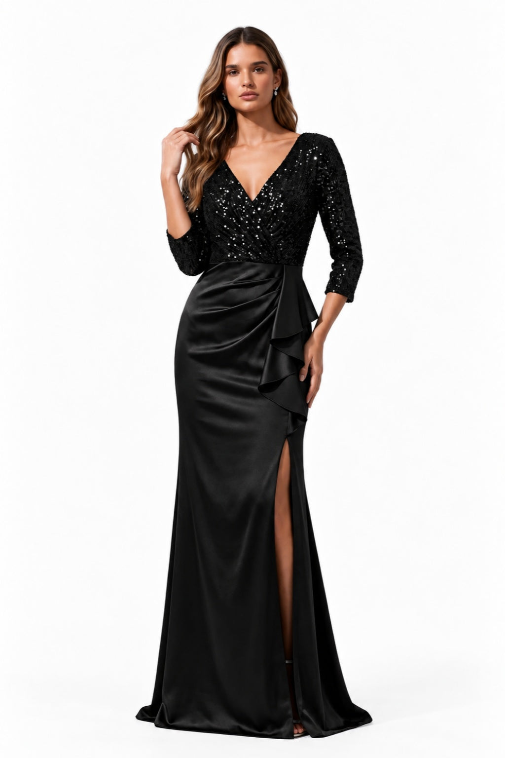 Mermaid Floor Length Sequined Stretch Satin Special Occasion Dress CS1086 - Black - COCOMELODY