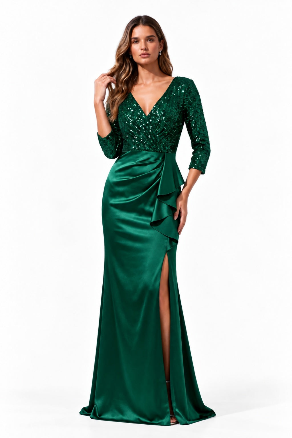 Mermaid Floor Length Sequined Stretch Satin Special Occasion Dress CS1086 - Hunter Green - COCOMELODY
