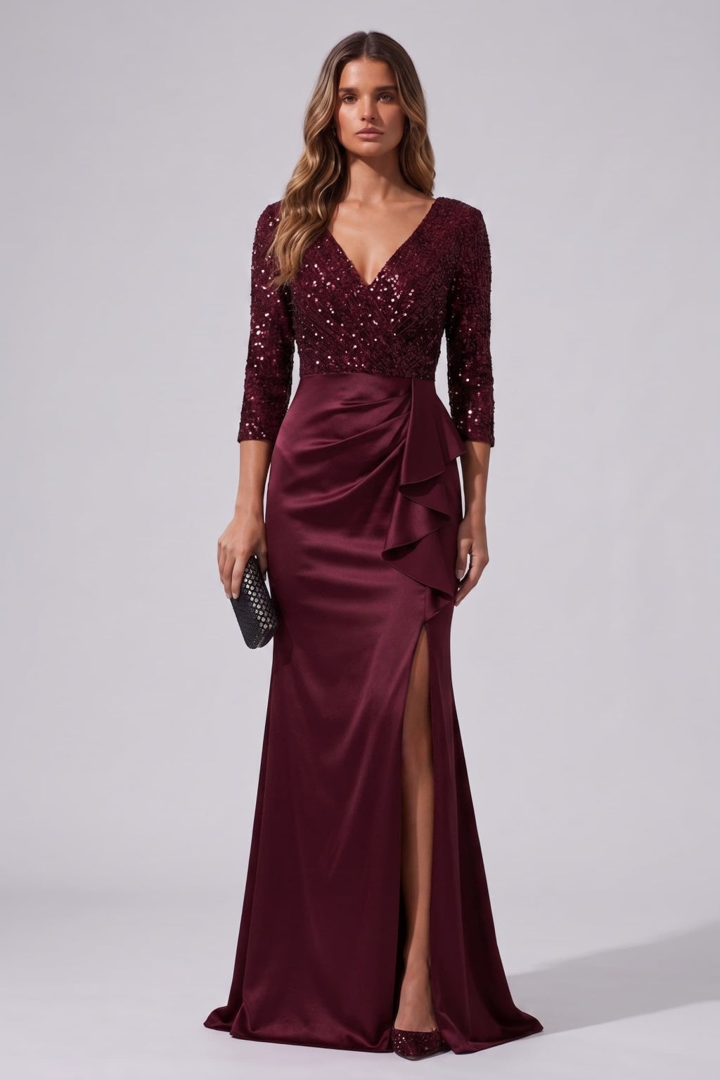 Mermaid Floor Length Sequined Stretch Satin Special Occasion Dress CS1086 - Wine - COCOMELODY