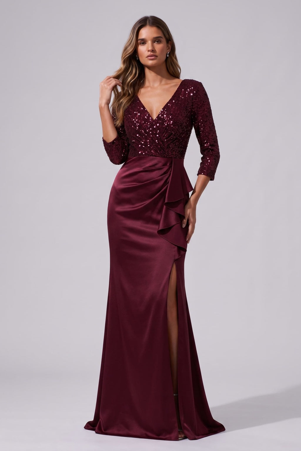 Mermaid Floor Length Sequined Stretch Satin Special Occasion Dress CS1086 - Wine - COCOMELODY