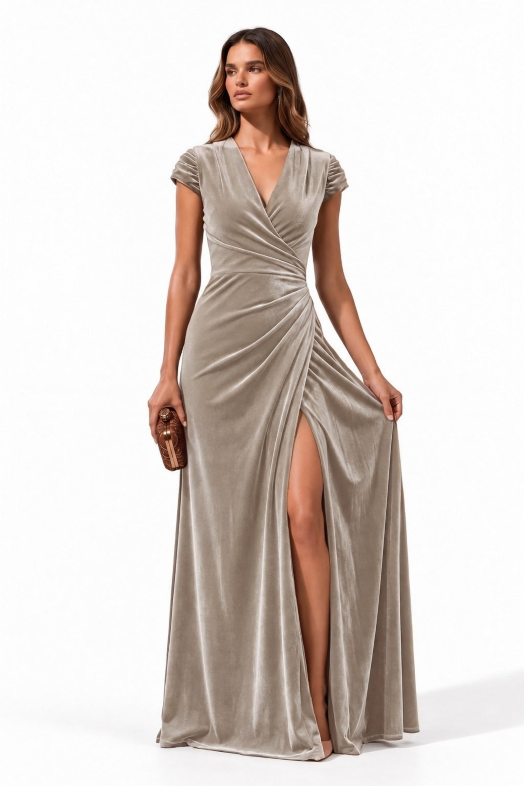 Sheath-Column Floor Length Velvet Special Occasion Dress CS1088 - Taupe - COCOMELODY