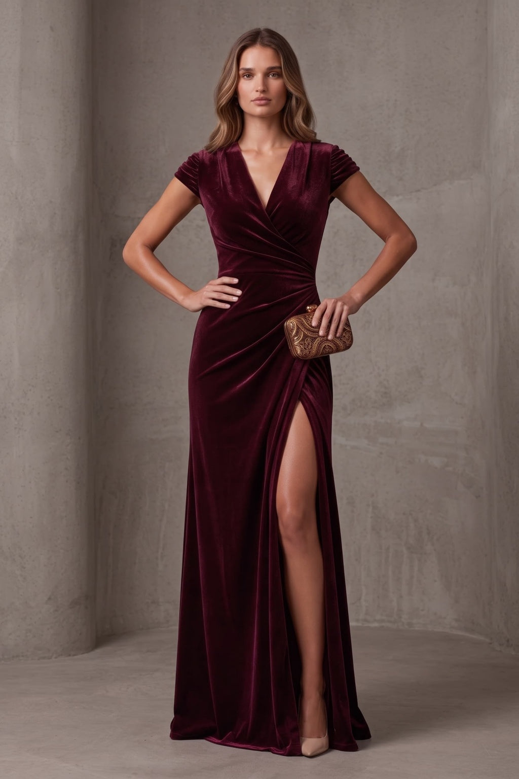 Sheath-Column Floor Length Velvet Special Occasion Dress CS1088 - Wine - COCOMELODY