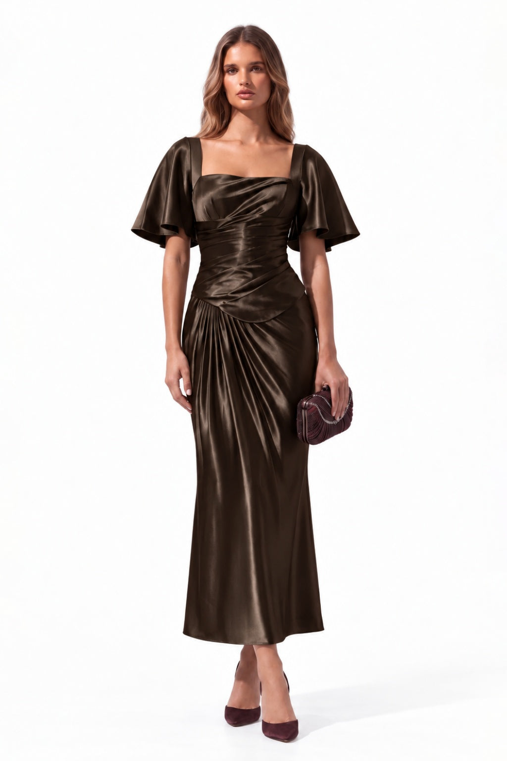 Sheath-Column Tea Length Stretch Satin Special Occasion Dress CS1089 - Bitter Chocolate - COCOMELODY