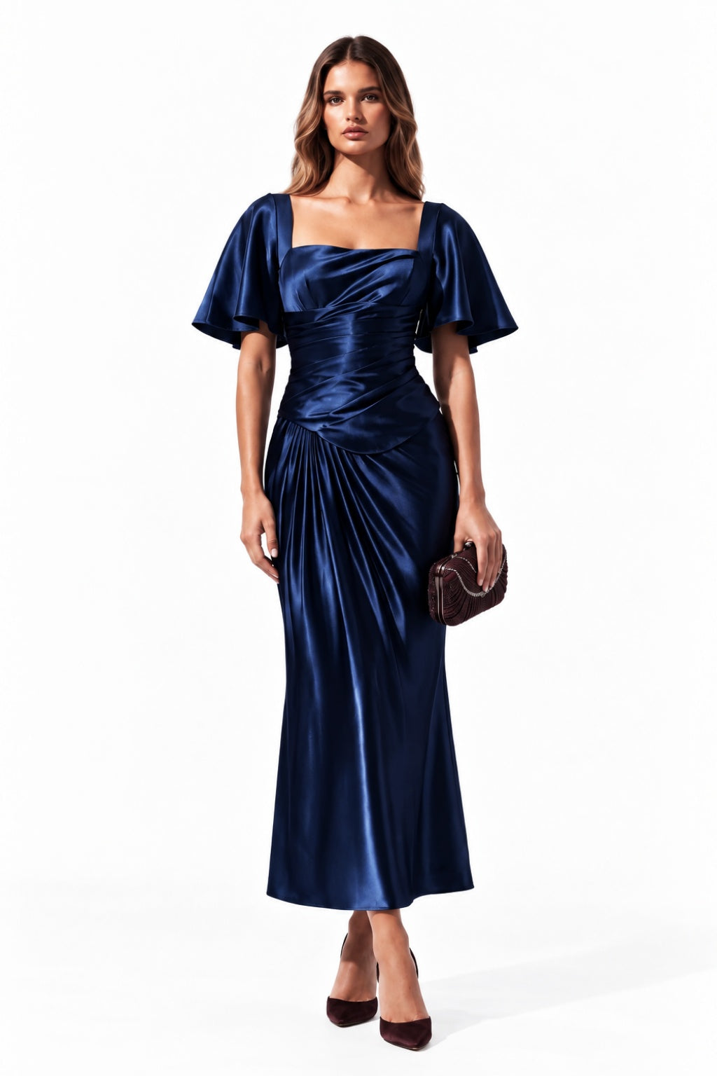Sheath-Column Tea Length Stretch Satin Special Occasion Dress CS1089 - Dark Navy - COCOMELODY