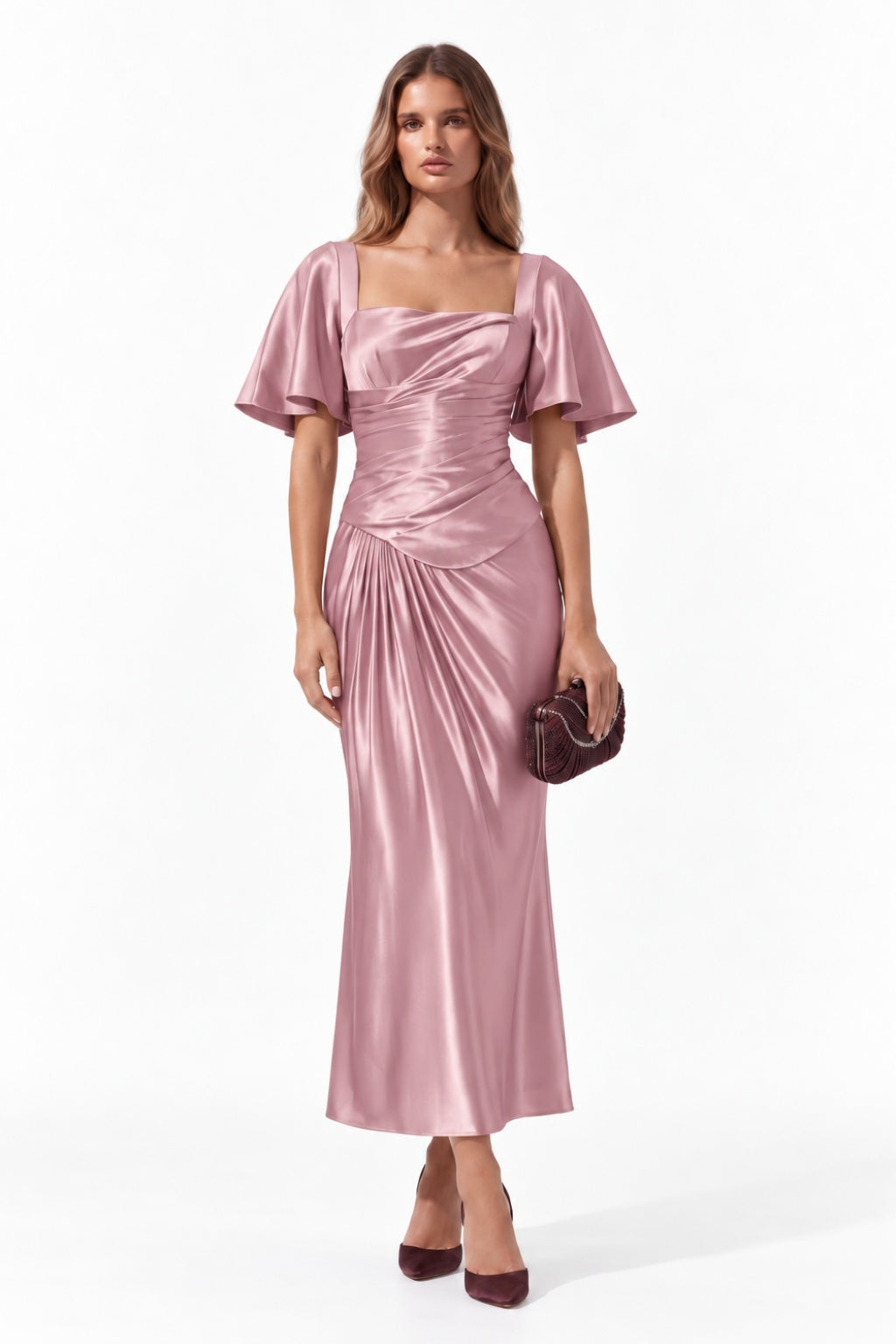 Sheath-Column Tea Length Stretch Satin Special Occasion Dress CS1089 - Dusty Rose - COCOMELODY