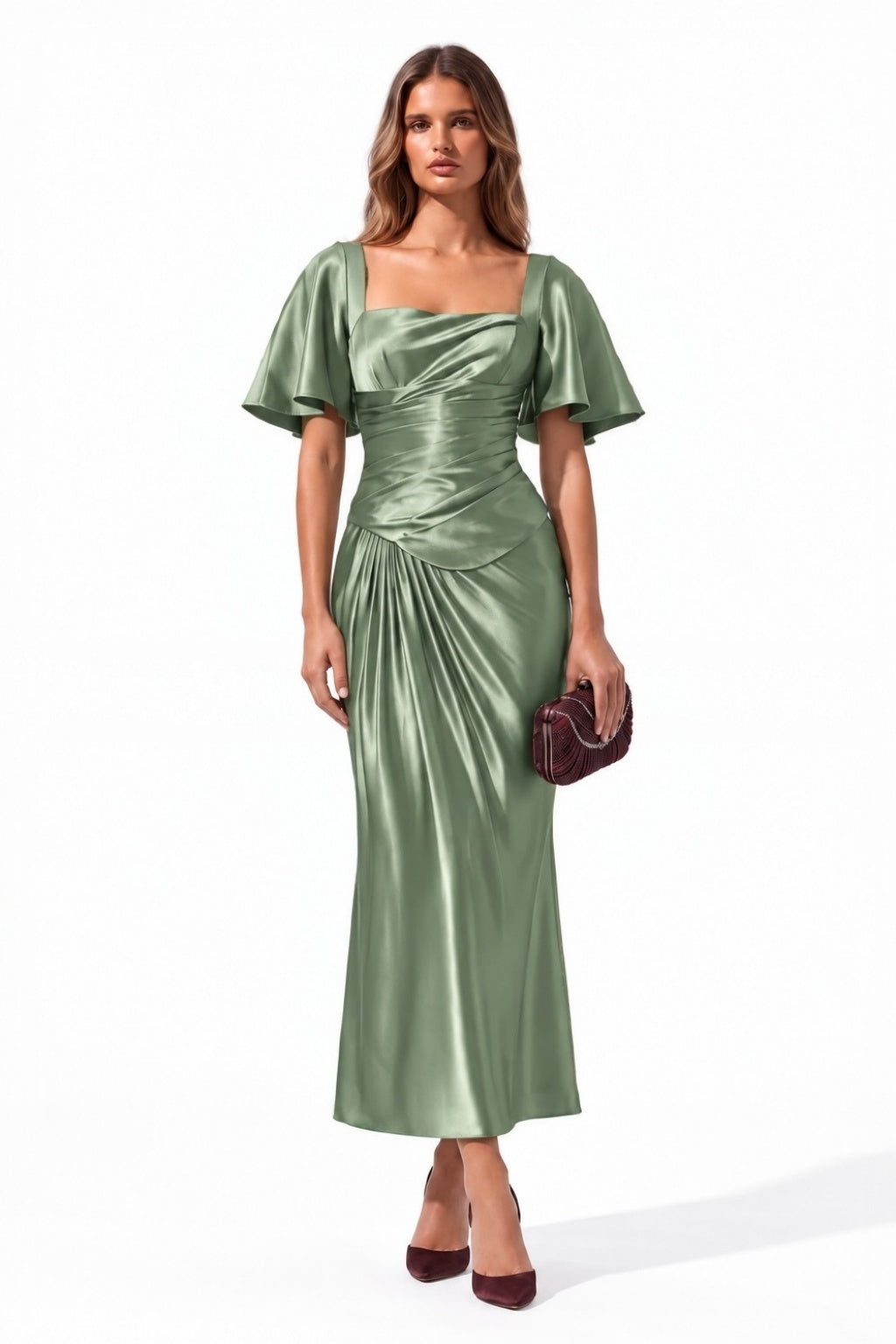 Sheath-Column Tea Length Stretch Satin Special Occasion Dress CS1089 - Olive Green - COCOMELODY