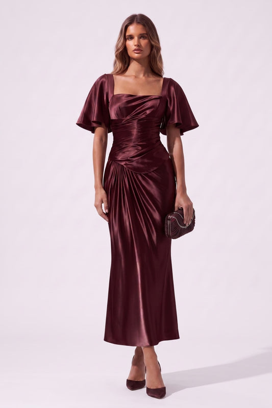 Sheath-Column Tea Length Stretch Satin Special Occasion Dress CS1089 - Wine - COCOMELODY