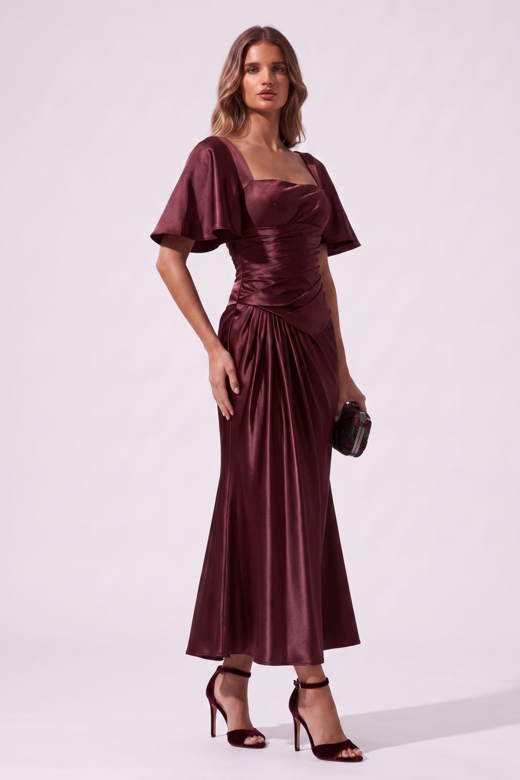 Sheath-Column Tea Length Stretch Satin Special Occasion Dress CS1089 - Wine - COCOMELODY