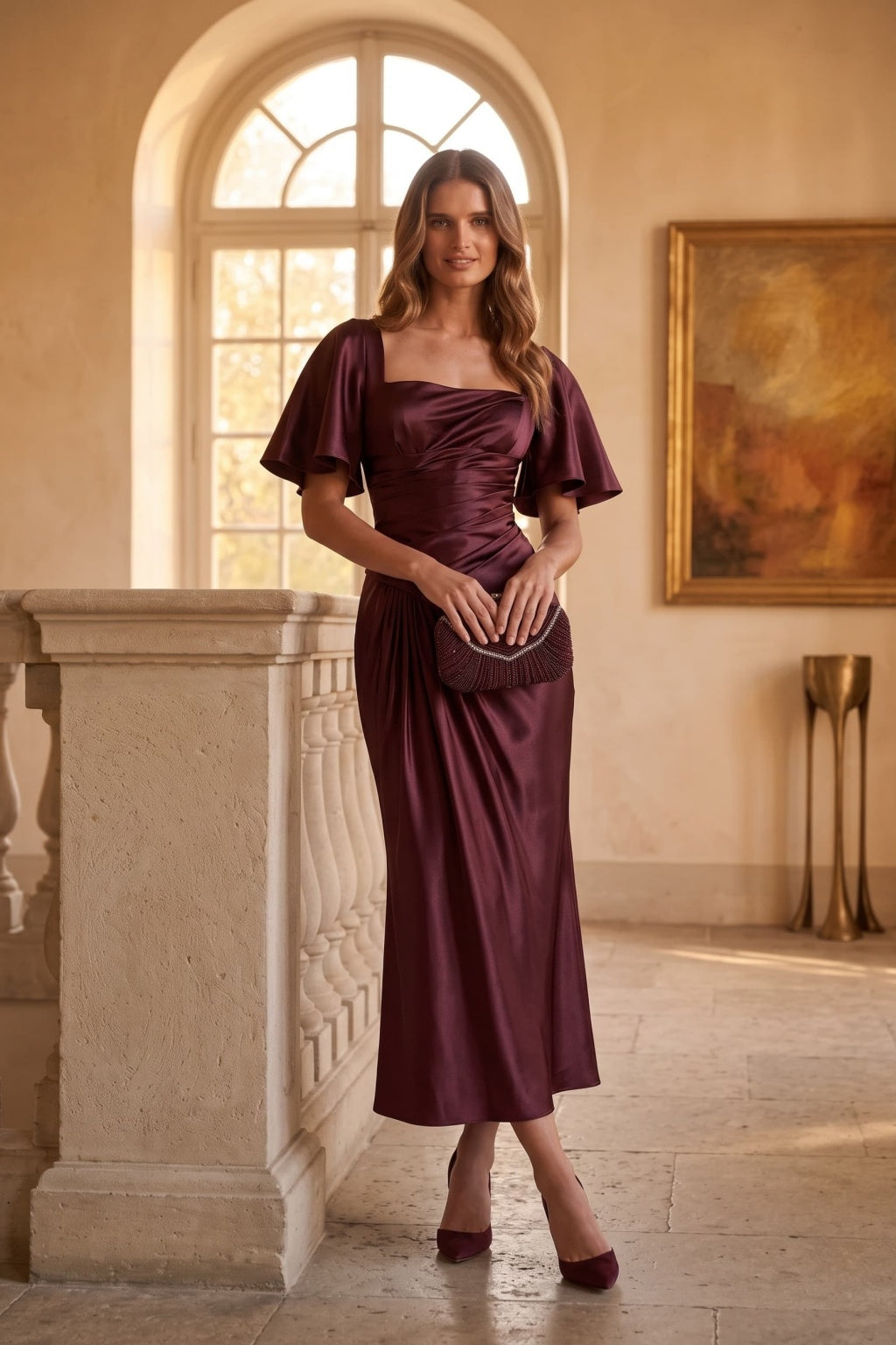 Sheath-Column Tea Length Stretch Satin Special Occasion Dress CS1089 - Wine - COCOMELODY
