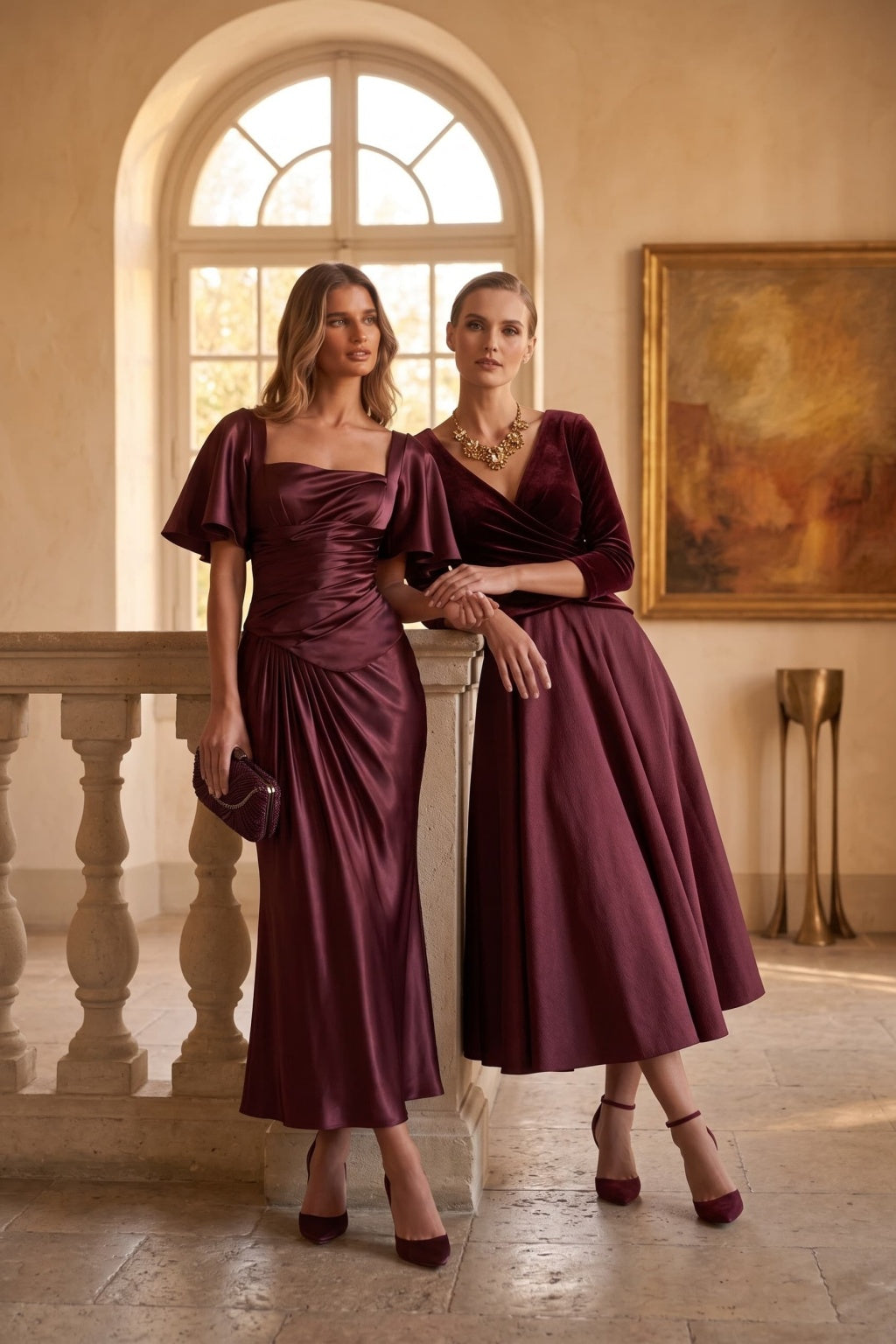A-Line Tea Length Satin Velvet Special Occasion Dress CS1090 - Wine - COCOMELODY