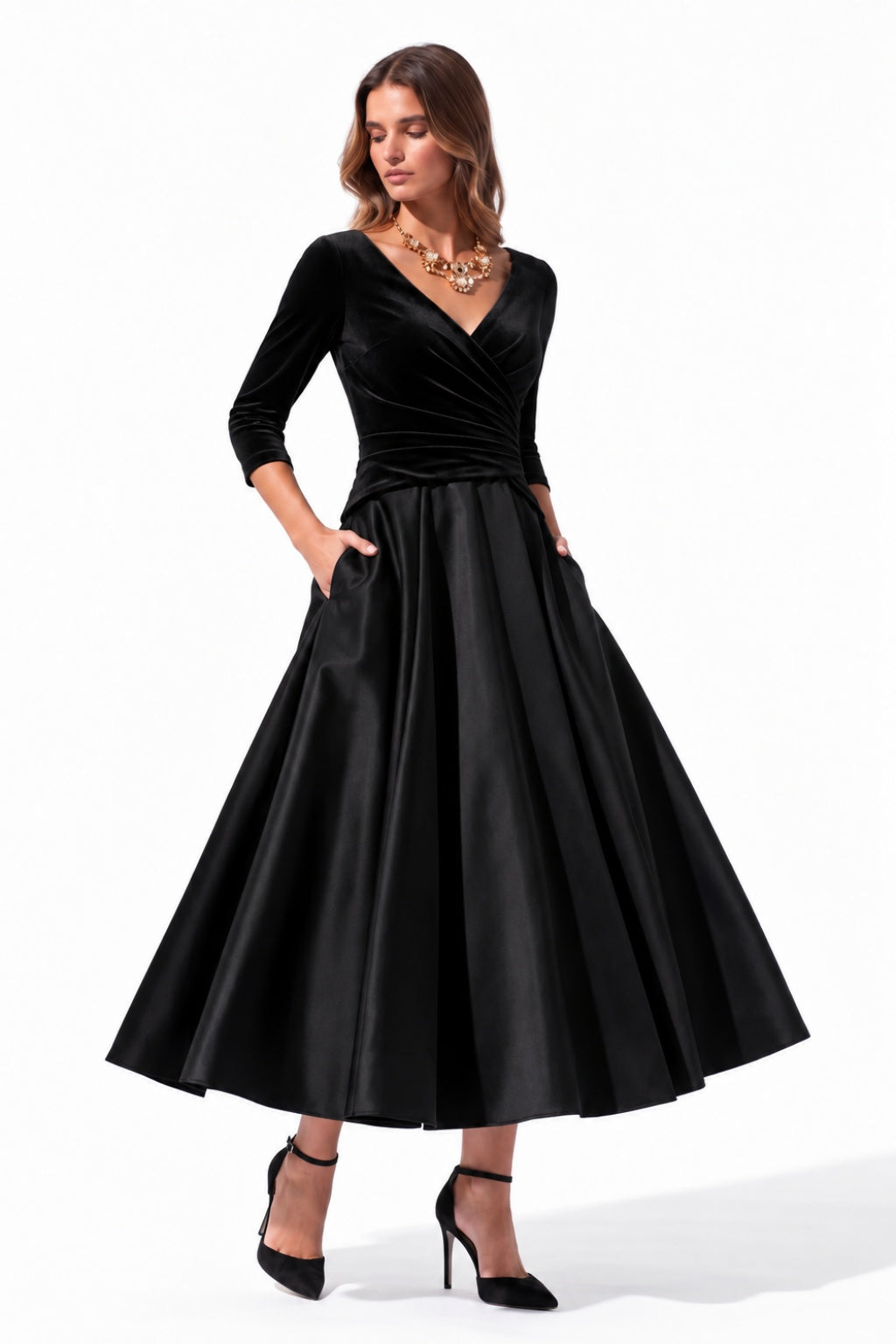 A-Line Tea Length Satin Velvet Special Occasion Dress CS1090 - Black - COCOMELODY