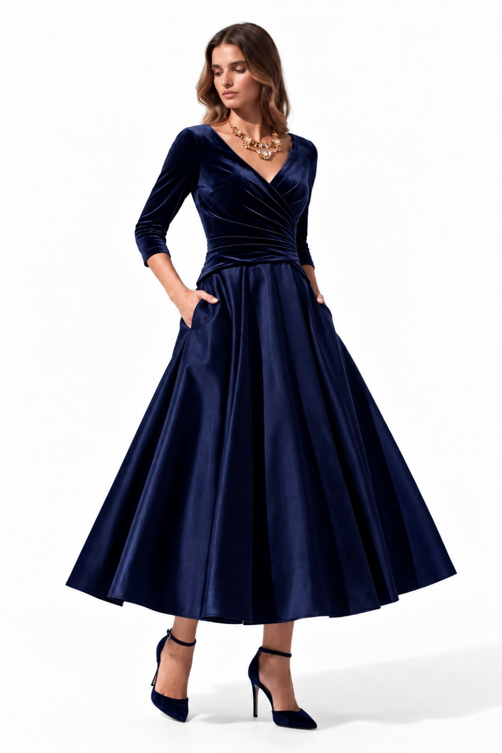 A-Line Tea Length Satin Velvet Special Occasion Dress CS1090 - Dark Navy - COCOMELODY