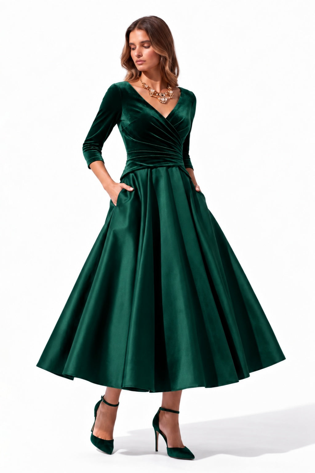 A-Line Tea Length Satin Velvet Special Occasion Dress CS1090 - Emerald - COCOMELODY