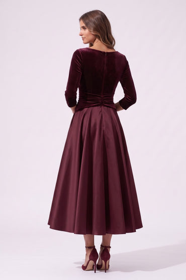 A-Line Tea Length Satin Velvet Special Occasion Dress CS1090 - Wine - COCOMELODY