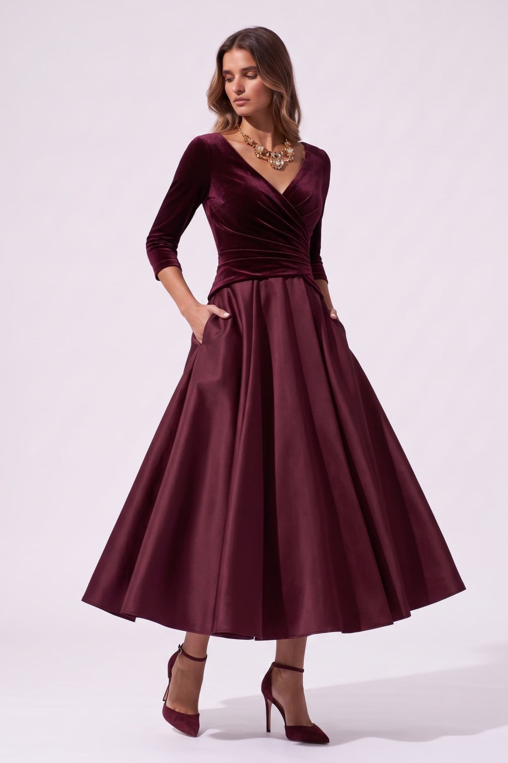 A-Line Tea Length Satin Velvet Special Occasion Dress CS1090 - Wine - COCOMELODY