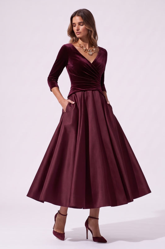 A-Line Tea Length Satin Velvet Special Occasion Dress CS1090 - Wine - COCOMELODY