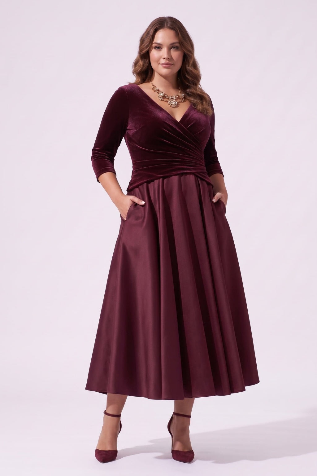A-Line Tea Length Satin Velvet Special Occasion Dress CS1090 - Wine - COCOMELODY