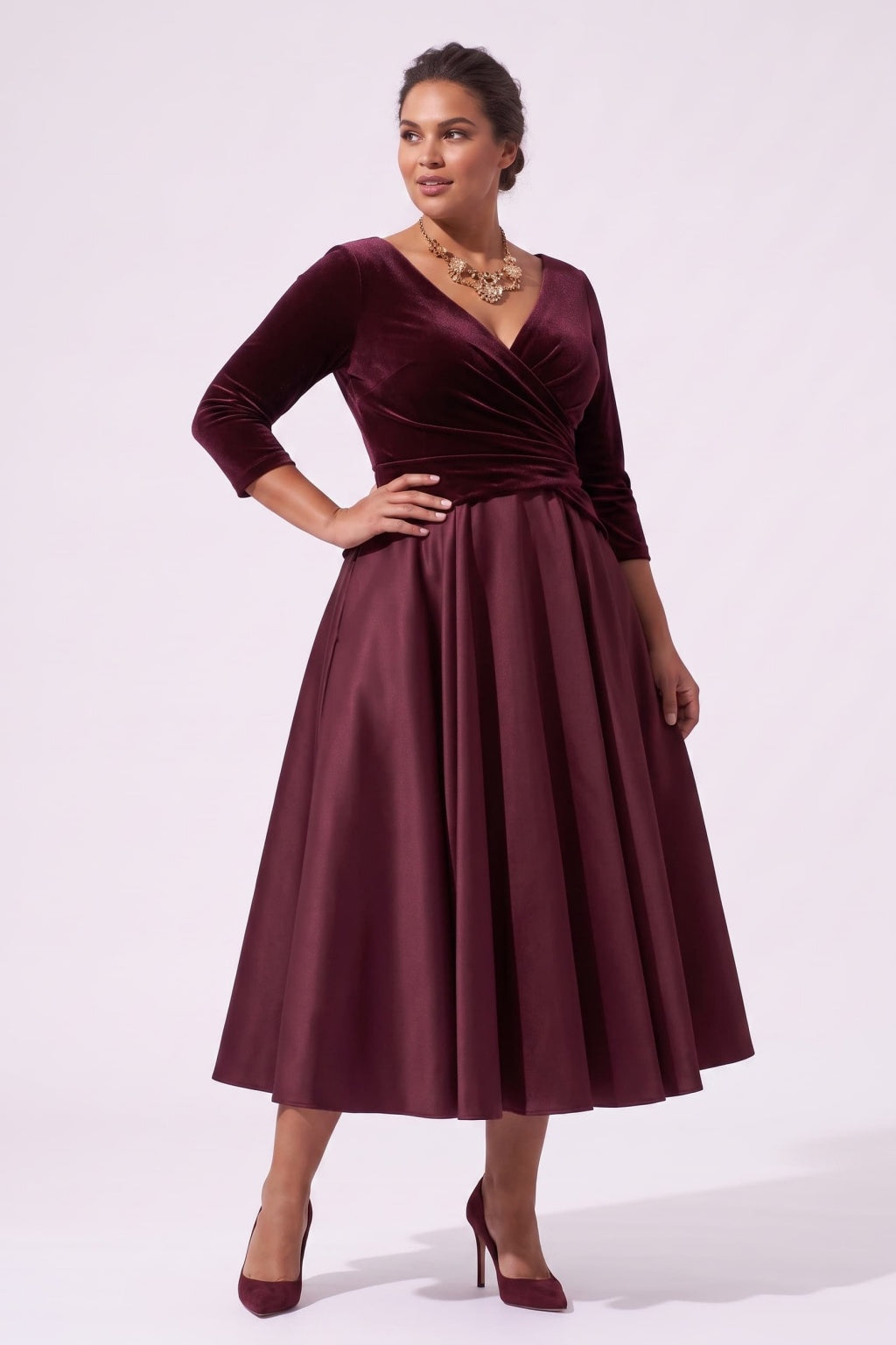 A-Line Tea Length Satin Velvet Special Occasion Dress CS1090 - Wine - COCOMELODY