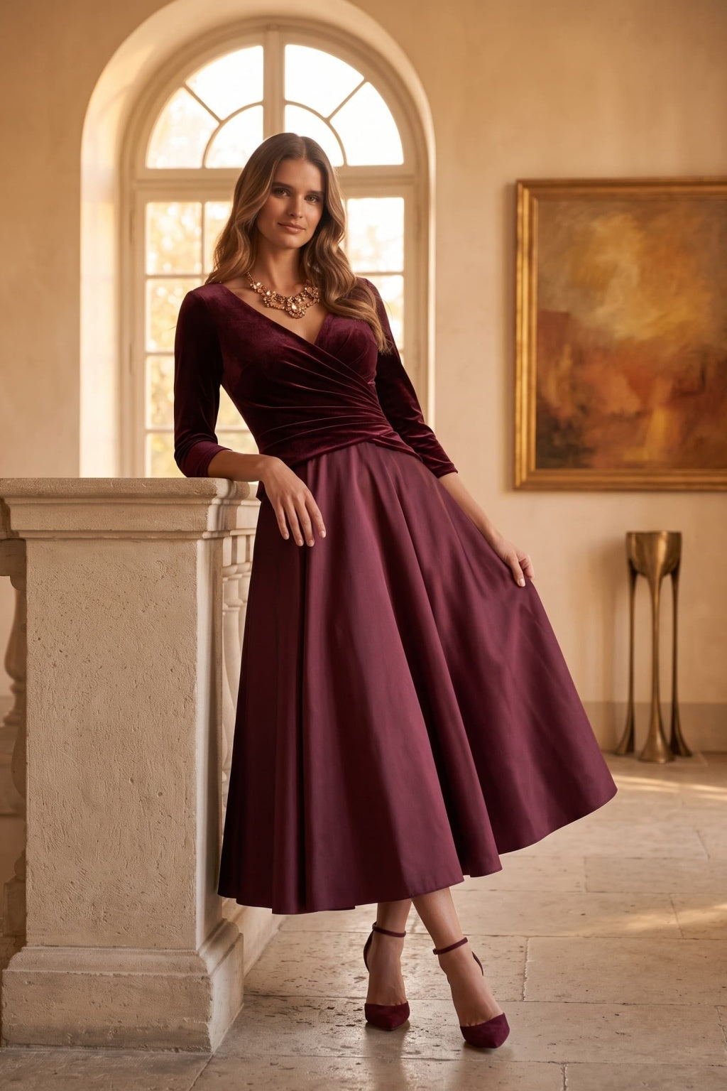 A-Line Tea Length Satin Velvet Special Occasion Dress CS1090 - Wine - COCOMELODY