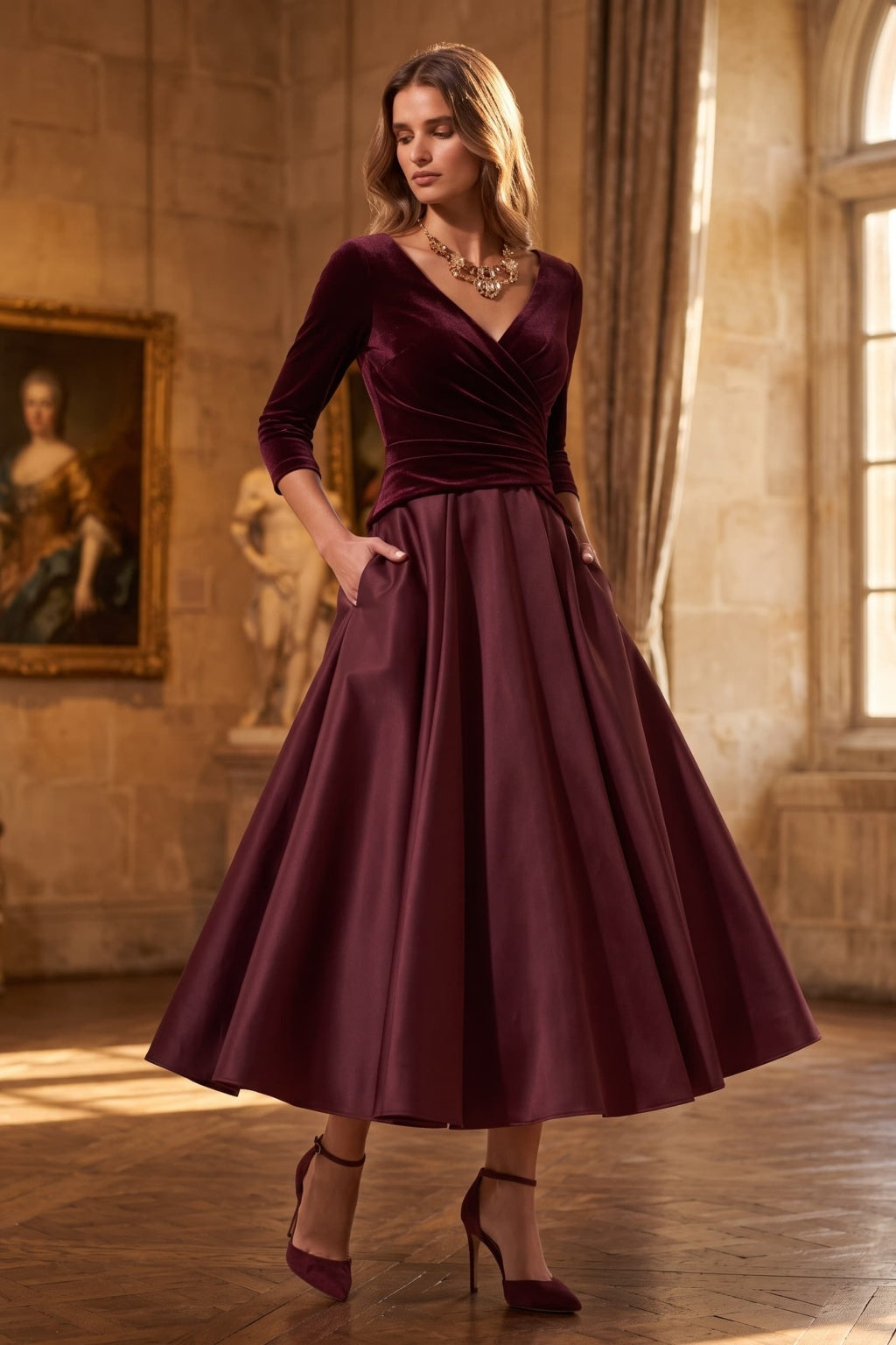 A-Line Tea Length Satin Velvet Special Occasion Dress CS1090 - Wine - COCOMELODY