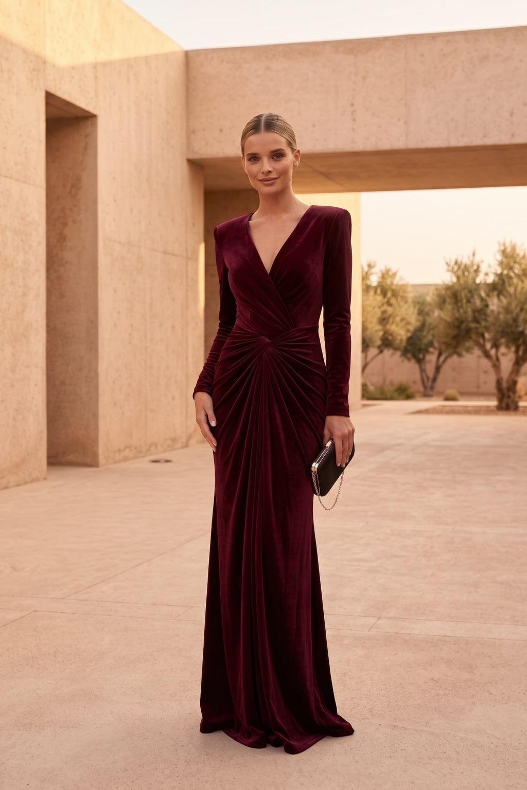 Velvet Special Occasion Dress V-Neck Long Sleeve Mermaid Floor