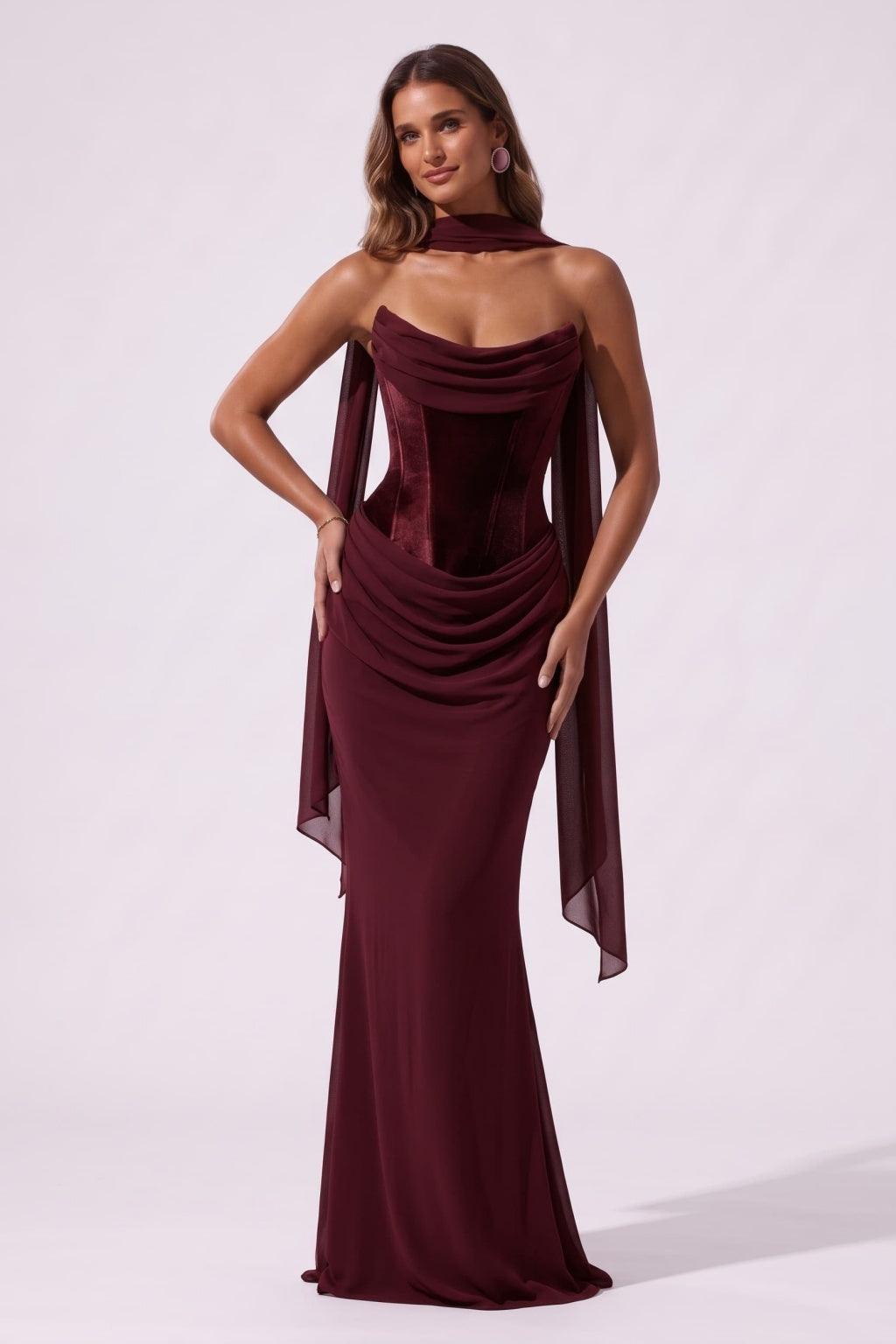Trumpet-Mermaid Floor Length Velvet Chiffon Special Occasion Dress CS1098 - Wine - COCOMELODY