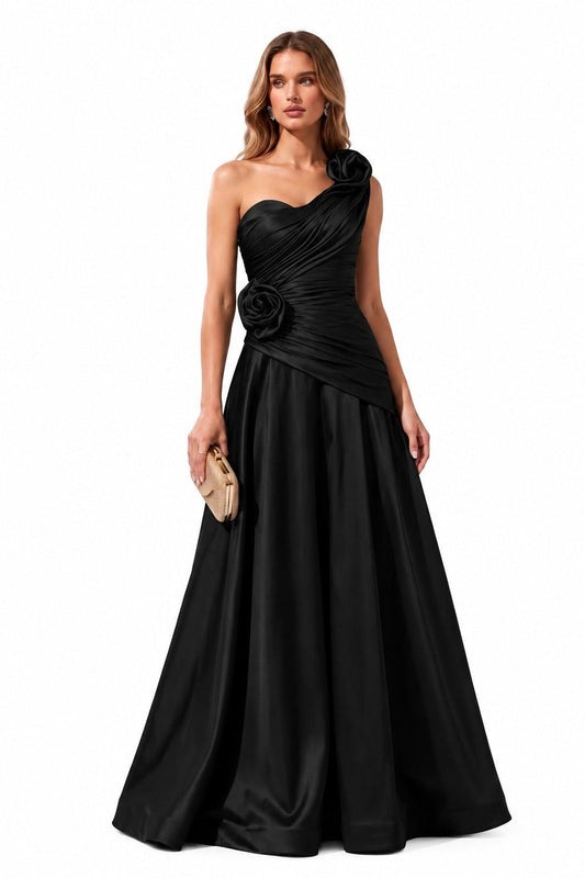 A-Line Floor Length Satin Special Occasion Dress CS1100 - Black - COCOMELODY
