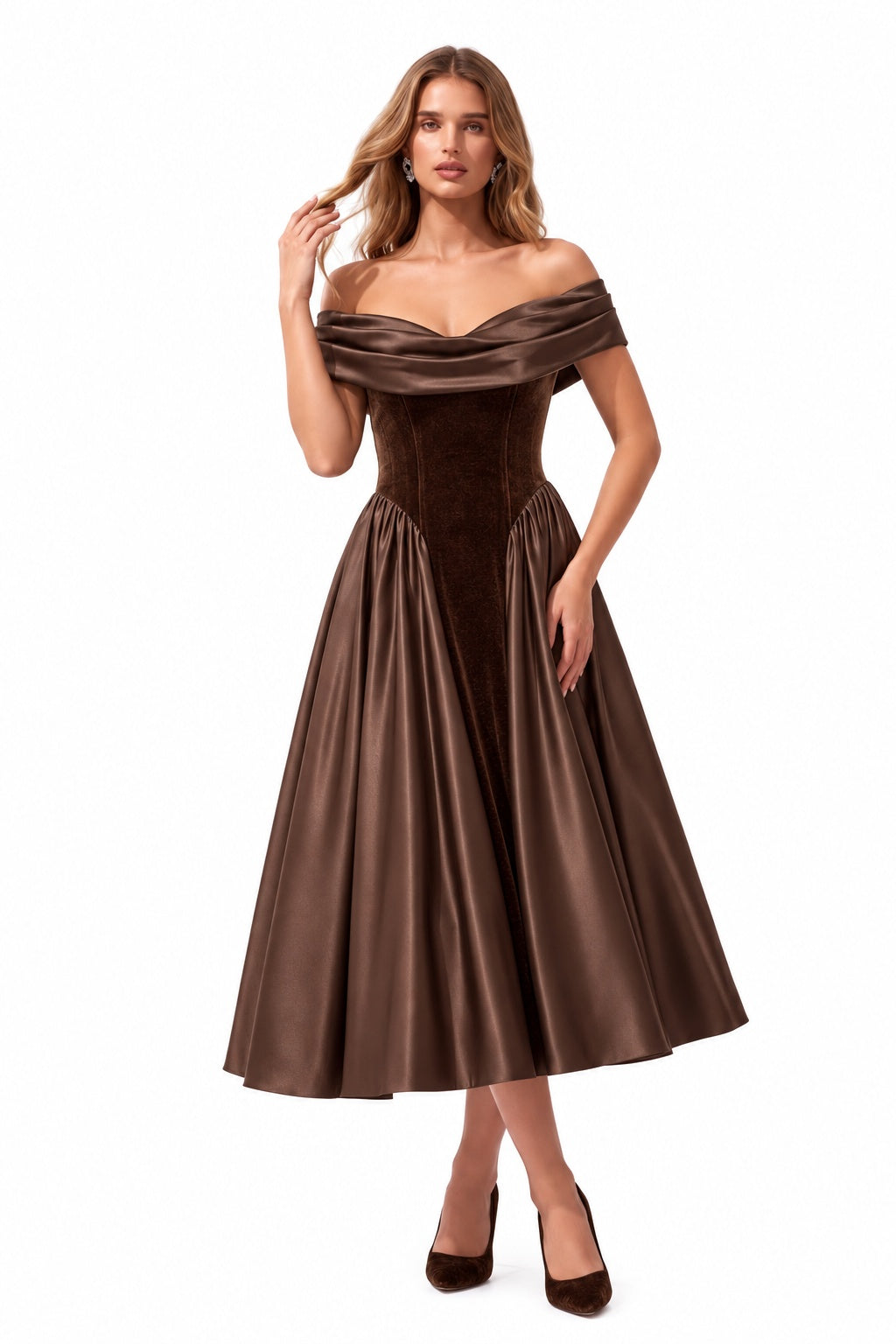 A-Line Tea Length Satin Velvet Special Occasion Dress CS1102