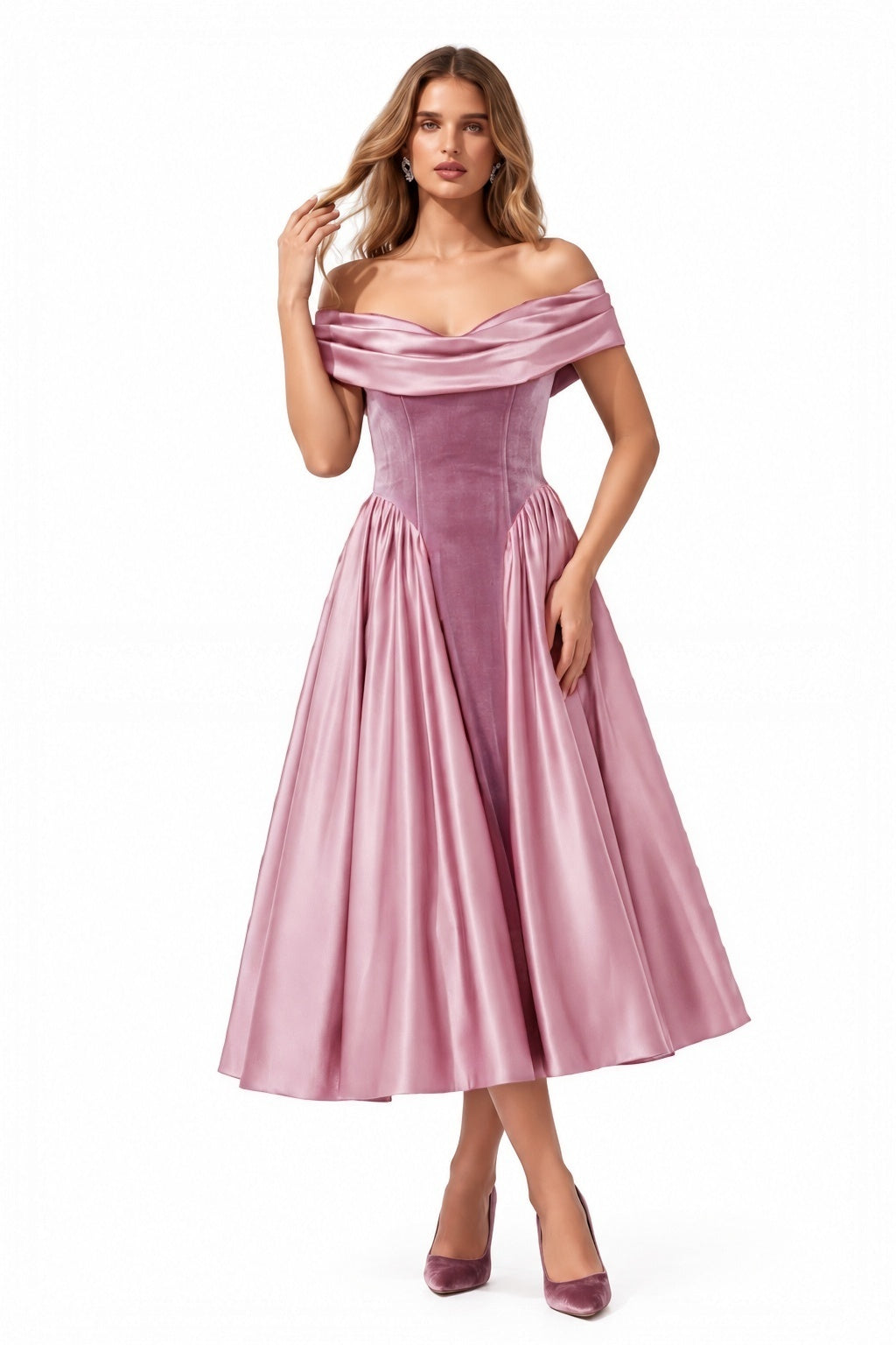 A-Line Tea Length Satin Velvet Special Occasion Dress CS1102