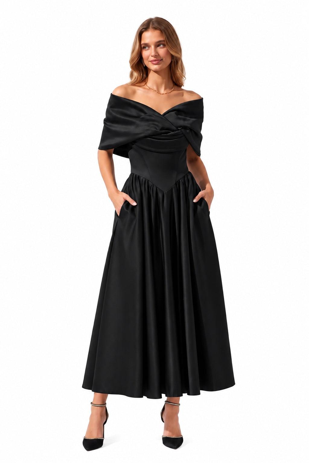 A-Line Ankle Length Satin Special Occasion Dress CS1104 - Black - COCOMELODY
