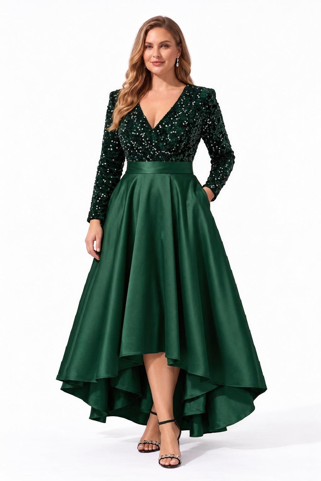 A-Line High-Low Satin Special Occasion Dress CS1106 - Hunter Green - COCOMELODY