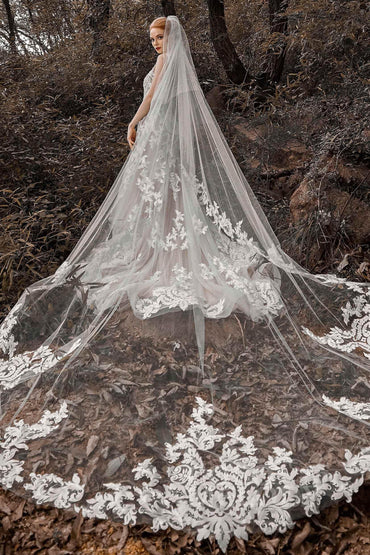Two-tier Lace Edge Tulle Cathedral Veils Appliques CV0184 - COCOMELODY