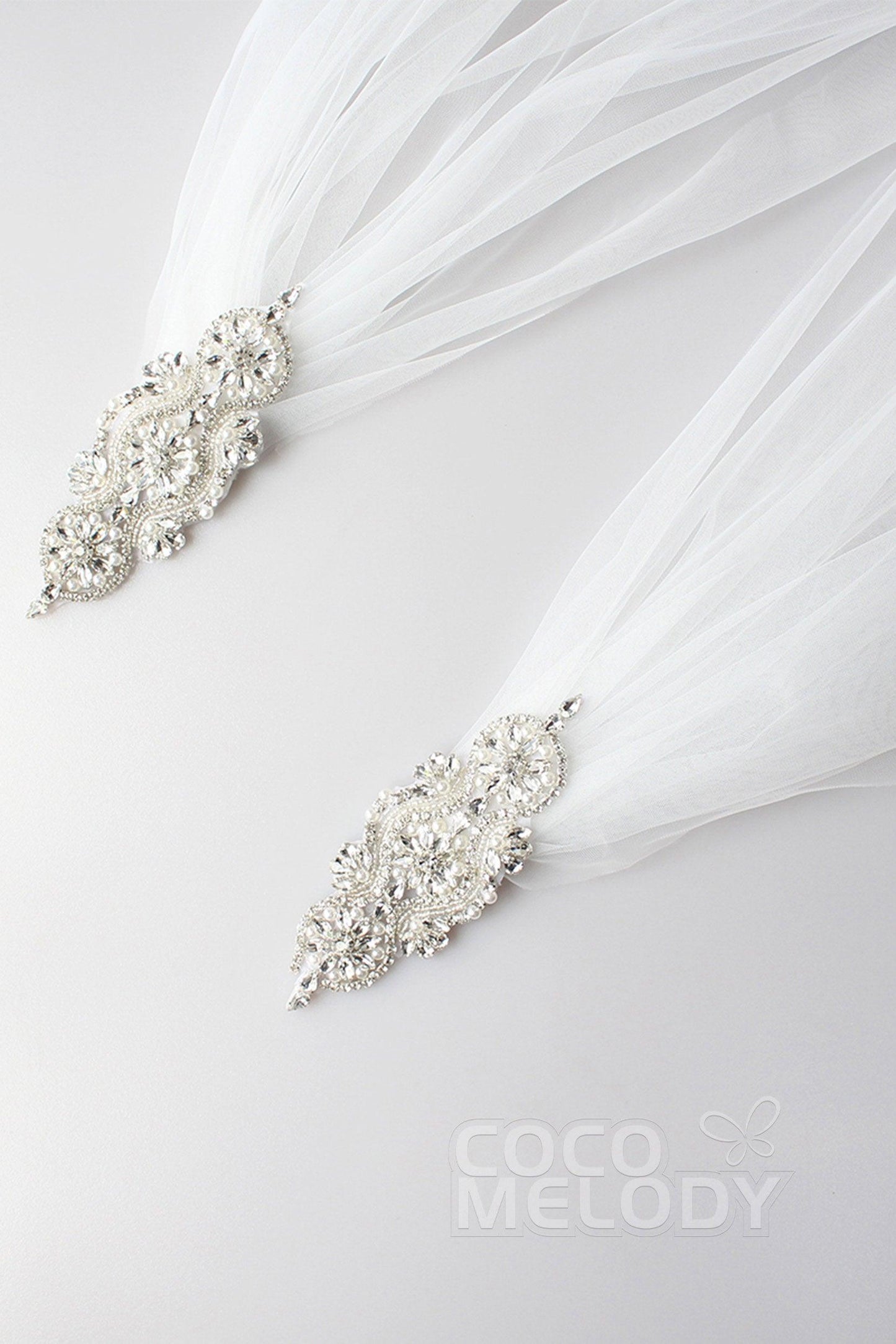 Elegant One-tier Cut Edge Tulle Chapel Veils Beading CV0200 - COCOMELODY