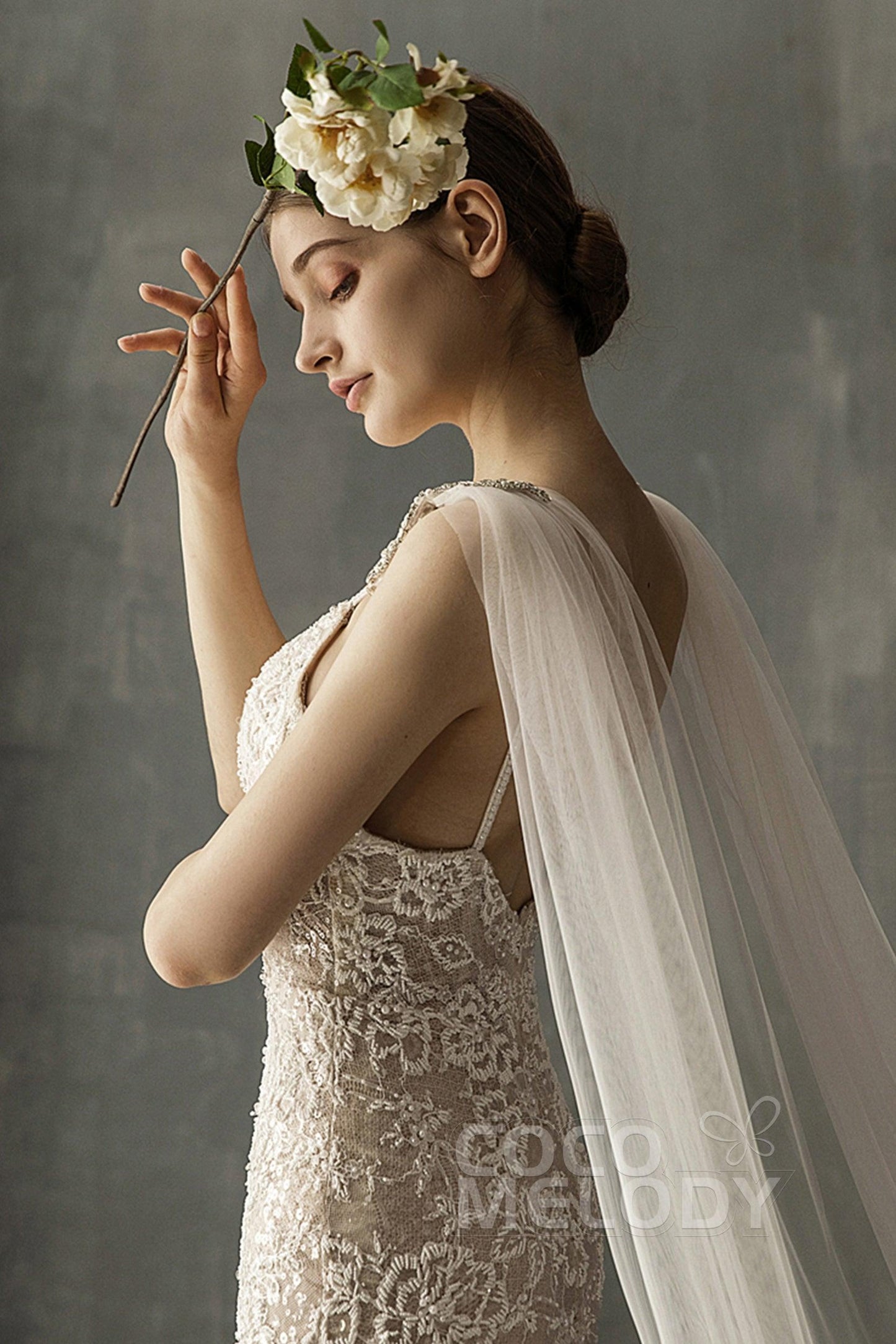 Elegant One-tier Cut Edge Tulle Chapel Veils Beading CV0200 - COCOMELODY